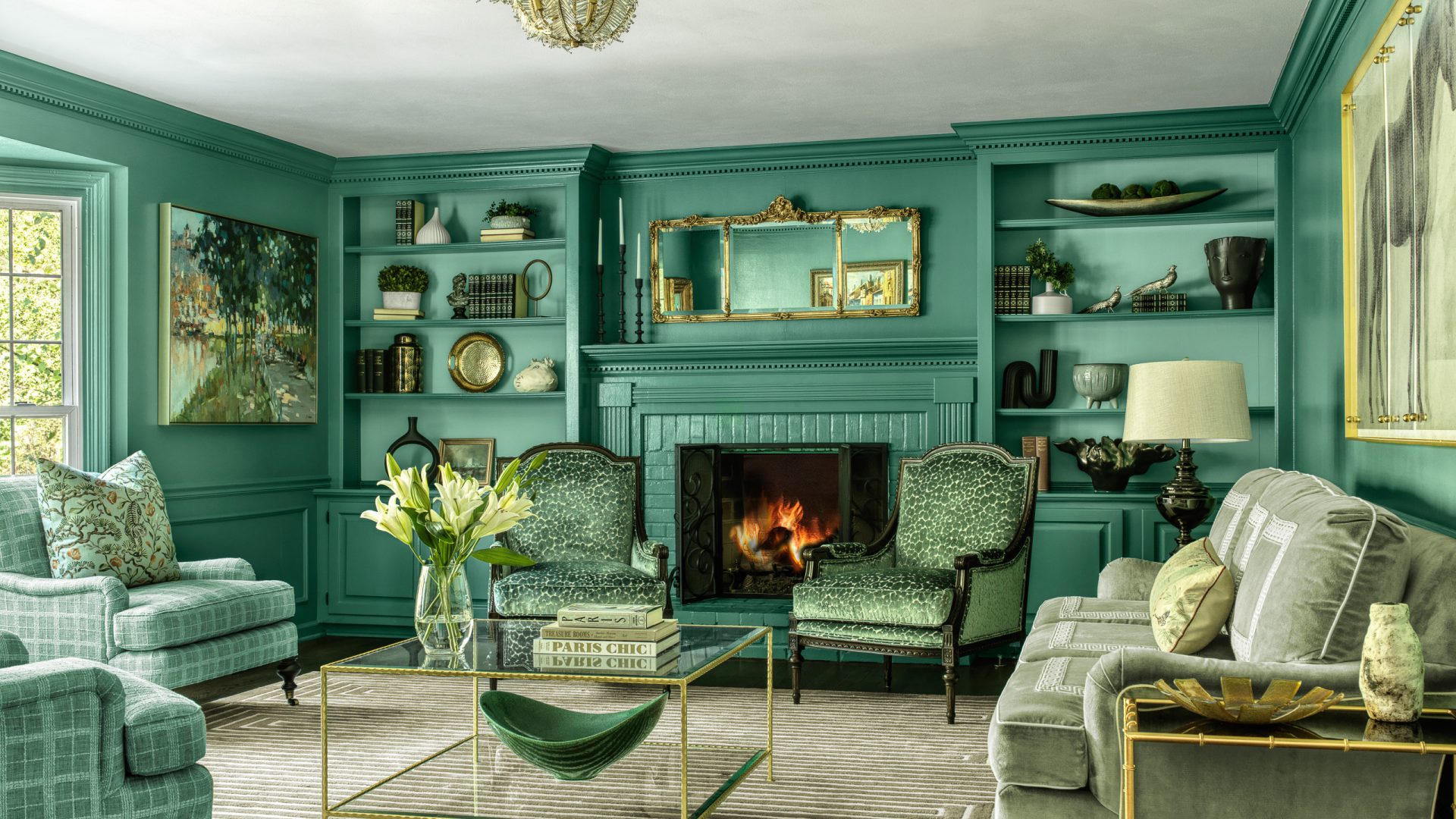 celadon living room with gold accents